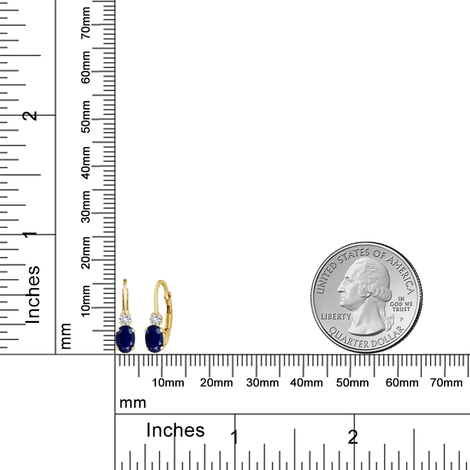 Gem Stone King 14K Yellow Gold Blue Sapphire and White Created Sapphire Leverback Earrings for Women | 1.18 Cttw | Gemstone September Birthstone | Oval 6X4MM, Round 2MM | 3/4 inch