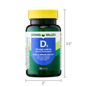 Spring Valley Vitamin D3 Softgels, 25 mcg (1000 IU), 100 Count, Supplement for Bone and Immune Health