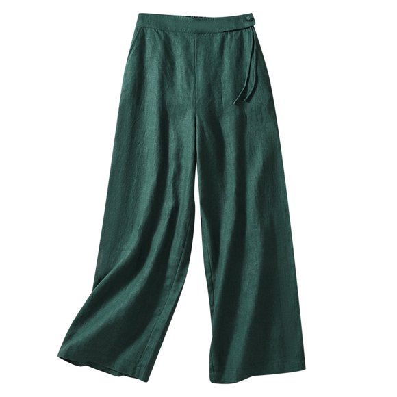 FNFYFH Liquidation Pantalon à Jambe Grand pour Femmes Taille Élastique Pantalon en Coton et Lin avec Poches Pantalon Uni, Vert