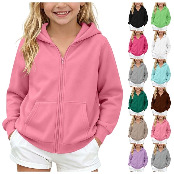 XRoczxe Kids Zip Up Hooded Fleece Jacket, Girls Boys Soft Warm Solid Color Hoodie Coat, Casual Long Sleeve Windproof Outerwear for Winter Daily Wear Pink
