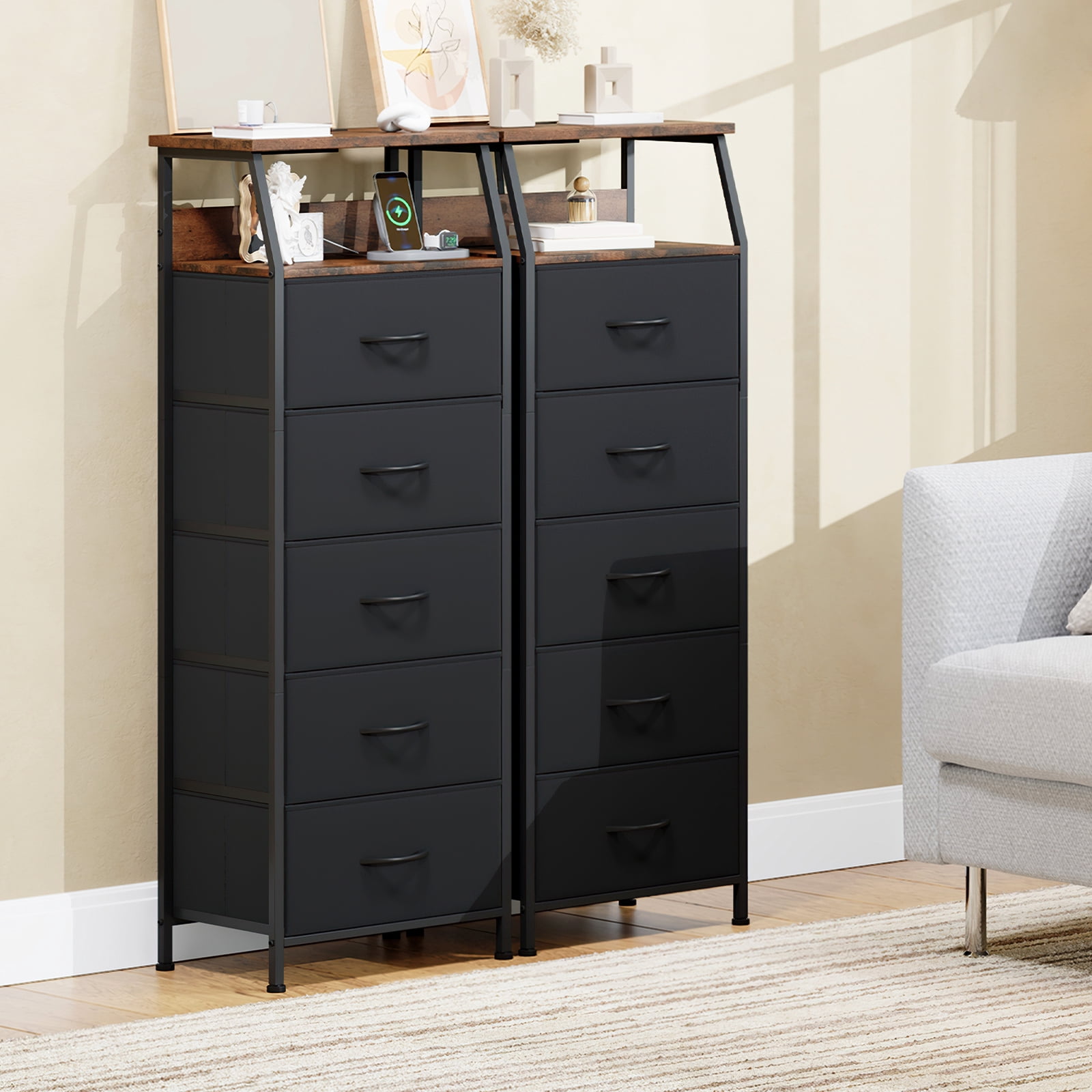 Eunos Black Tall Nightstand with Charging Station and LED for Bedroom, 5 Drawer with Storage Shelfs
