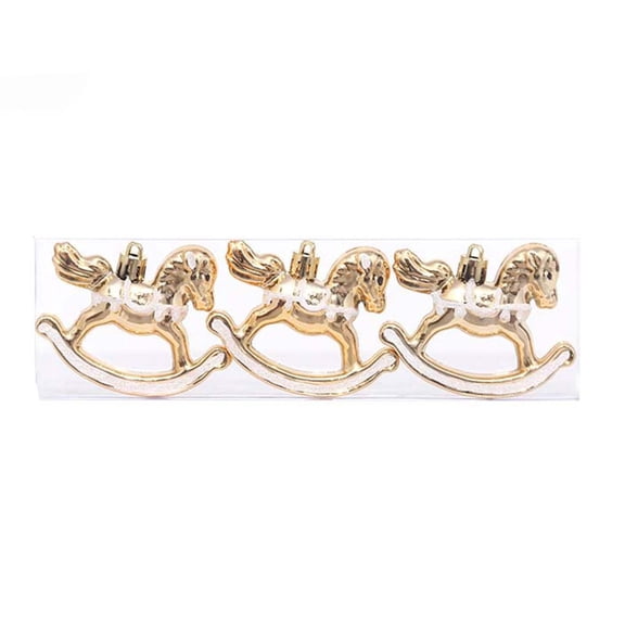 Christmas Rocking Horse Ornaments 3.15 Inch Gold Shiny Metallic Glitter Plastic Vintage Hanging Baubles 3 Pack for Xmas Tree