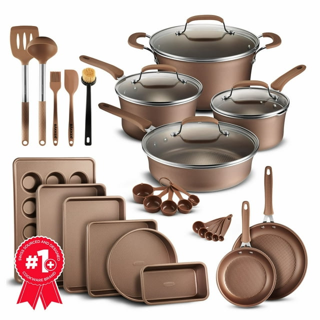 Cookware Set – 23 Piece –Gold Multi-Sized Cooking Pots with Lids, Skillet Fry Pans and Bakeware – Reinforced Pressed Alu