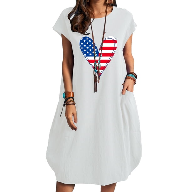 Vestido suelto informal de manga corta con bolsillo y cuello redondo con estampado del Día de la Independencia de algodón y lino de verano para mujer Fridja qw4367