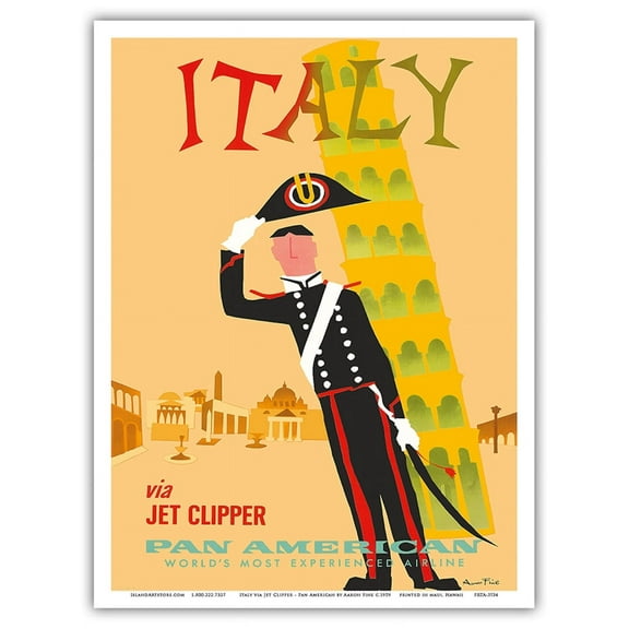 Italy via Jet Clipper - Pan American World Airways - Italian Carabinieri on Leaning Tower Pisa - Vintage Airline Travel Poster by Aaron Fine c.1959 - Master Art Print (Unframed) 9in x 12in
