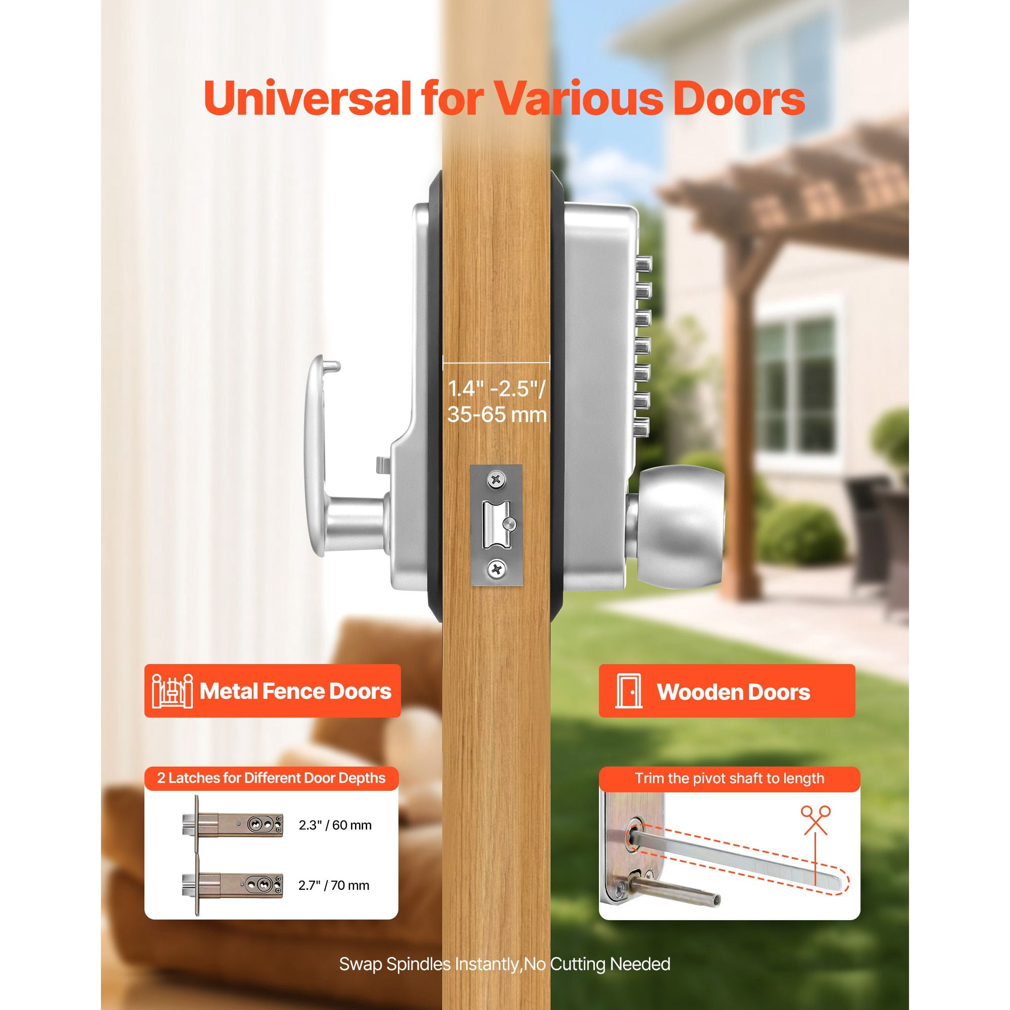 Mechanical Keyless Door Lock Gen2 Single-Sided 4-7 Digit Code No Batteries Cuttable Spindle for Front Gate Garden Garage