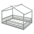 thumbnail image 5 of Full Size House Bed, Wood Montessori Bed Full Floor Bed Frame with Fence Shaped Guardrails and Roof, Grey, 5 of 8
