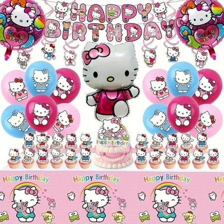 48Pcs - Hello Kitty Birthday Party Decorations Set, with Banner, Balloons, Cake Topper, Cupcake Toppers, Hanging Swirls, Tablecloth