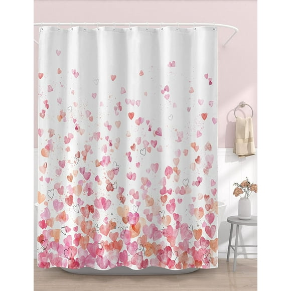 Happy Valentine''s Day Shower Curtain Romantic Valentine Shower Curtain Falling Heart Bathroom Decor Washable Durable 72x72 Inch
