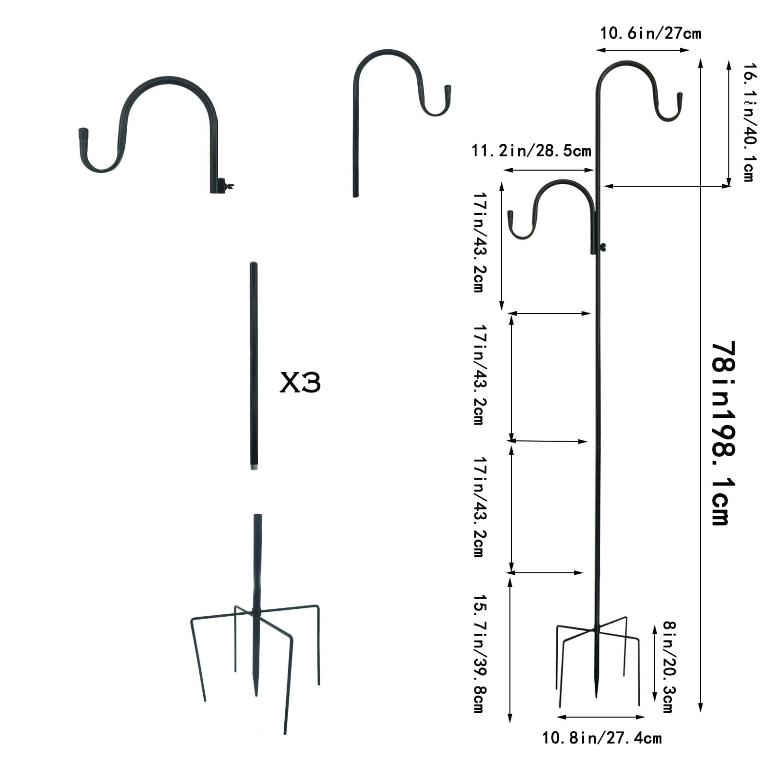78 Inch Double Shepherds Hooks For Outdoor Bird Feeder Hanging Plants Solar Light Adjustable 78/62/46/30 3/4 Width Garden Shepards Hook