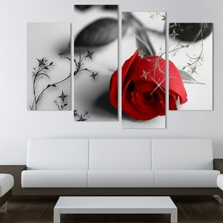 Red Flower Painting - 4 panel Printed Oil Painting Red Rose Flower Canvas Print Home Decorative