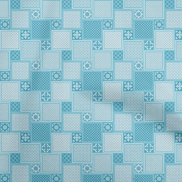 oneOone Rayon Turquoise Blue Fabric Asian Block Tile Fabric For Sewing Printed Craft Fabric By The Yard 56 Inch Wide