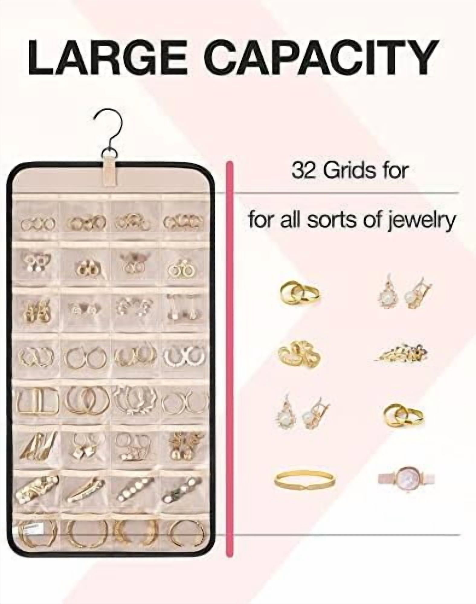 Hanging Jewelry Organizer Storage Roll with Hanger Metal Hooks Double-Sided Jewelry Holder for Earrings, Necklaces, Rings on Closet, Wall, Door, 1 piece, Medium, Black