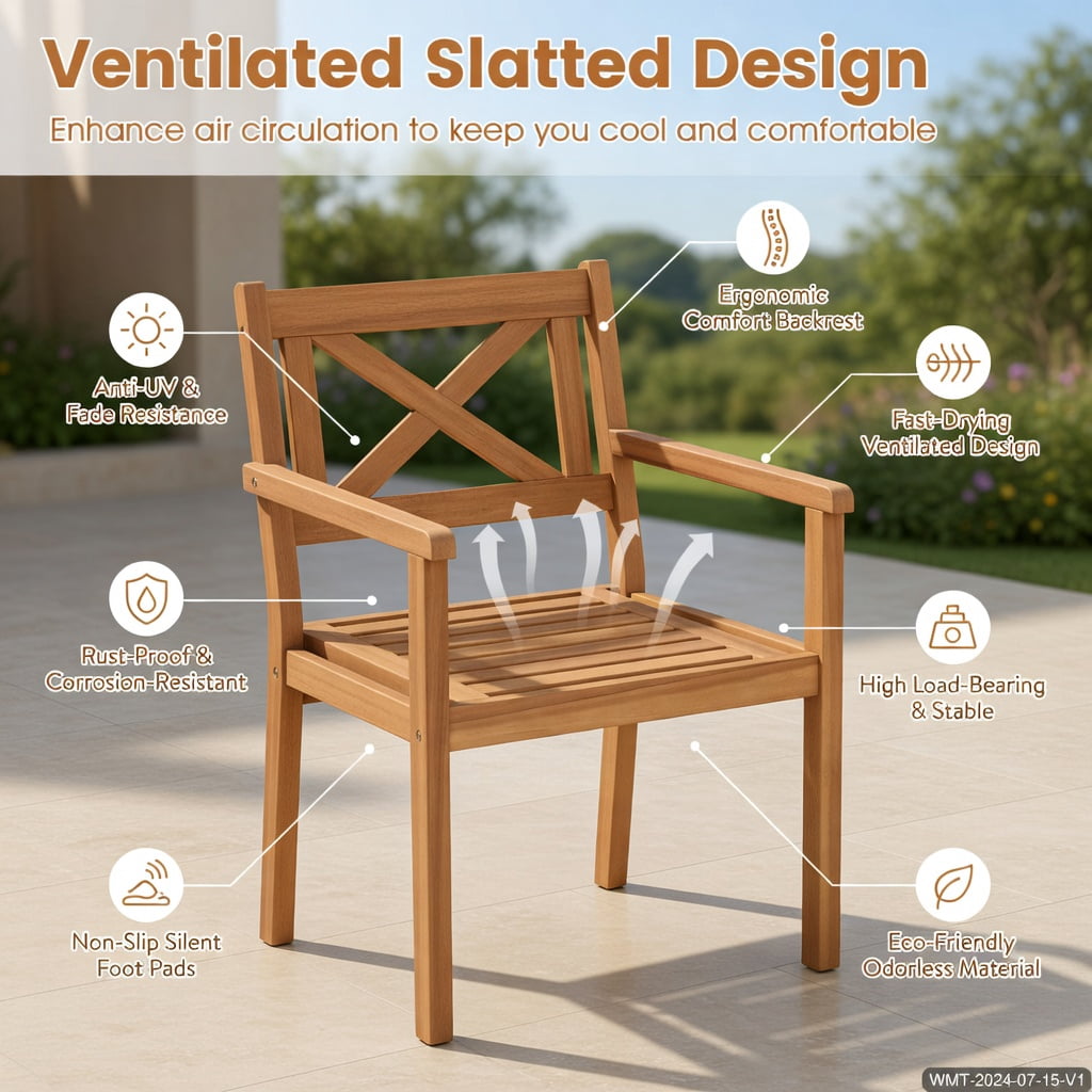 Hommoo Set of 2 Outdoor Acacia Wood Patio Dining Chairs, Teak Finish, Ergonomic Slatted Design for Deck, Porch & Garden, Natural