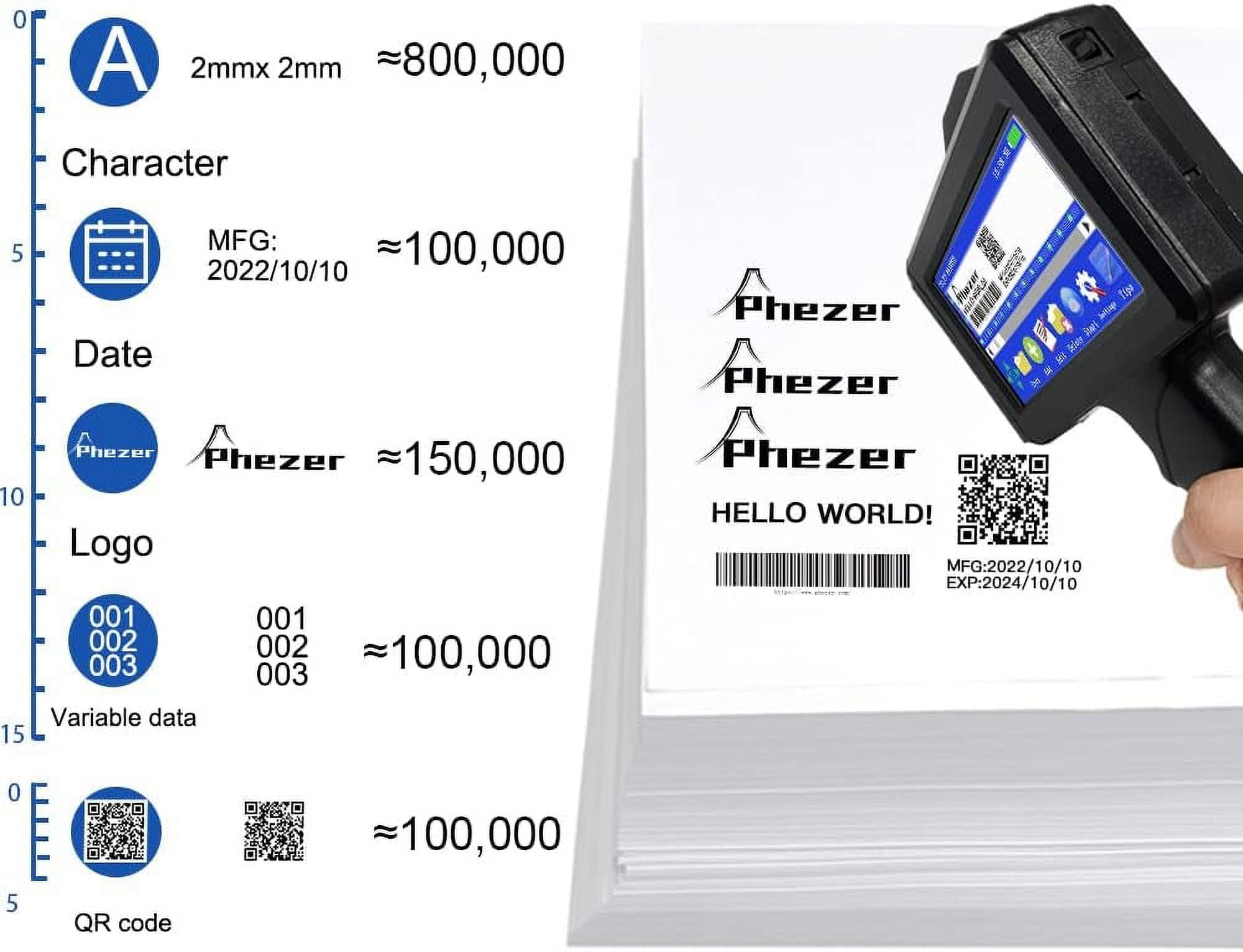 Phezer Portable Handheld Inkjet Printer for Any Surface, Portable Coding Machine for Retail Expiry Date/Time/Barcode/QR Code/Logo/Label, P18 Ink Printer with 4.3" Touch Screen with 1 Ink Cartridge