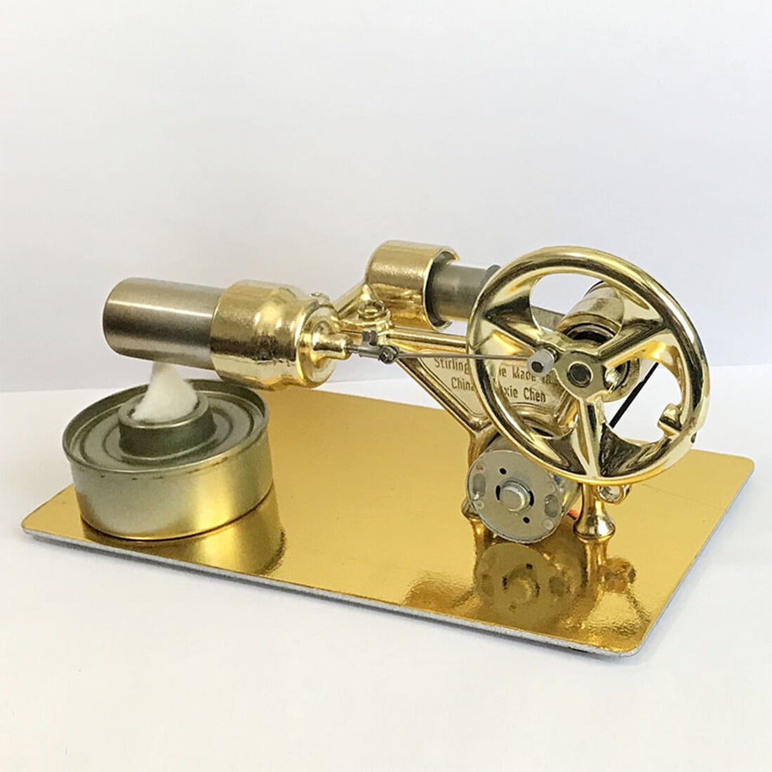 Single Cylinder Stirling Engine Model with Alcohol Lamp & LED Bulb - Golden Physics Science Experiment Kit for Adults