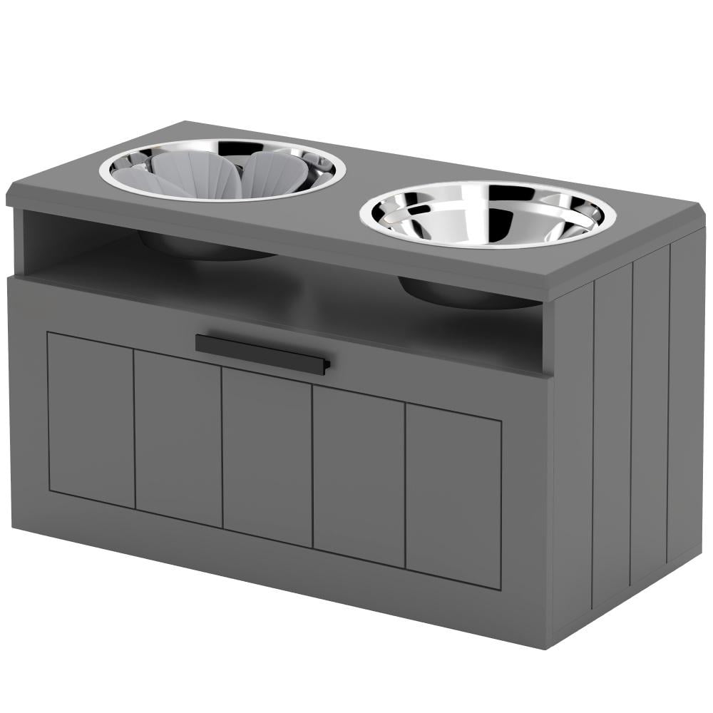 Elevated Dog Bowls with Slow Feeder and Storage Drawer Adjustable Height Dog Feeder Stand with Removable Stainless Steel Bowls Non-Slip Pet Food Station for Large Medium Dogs with 0.5 Gallon Capacity