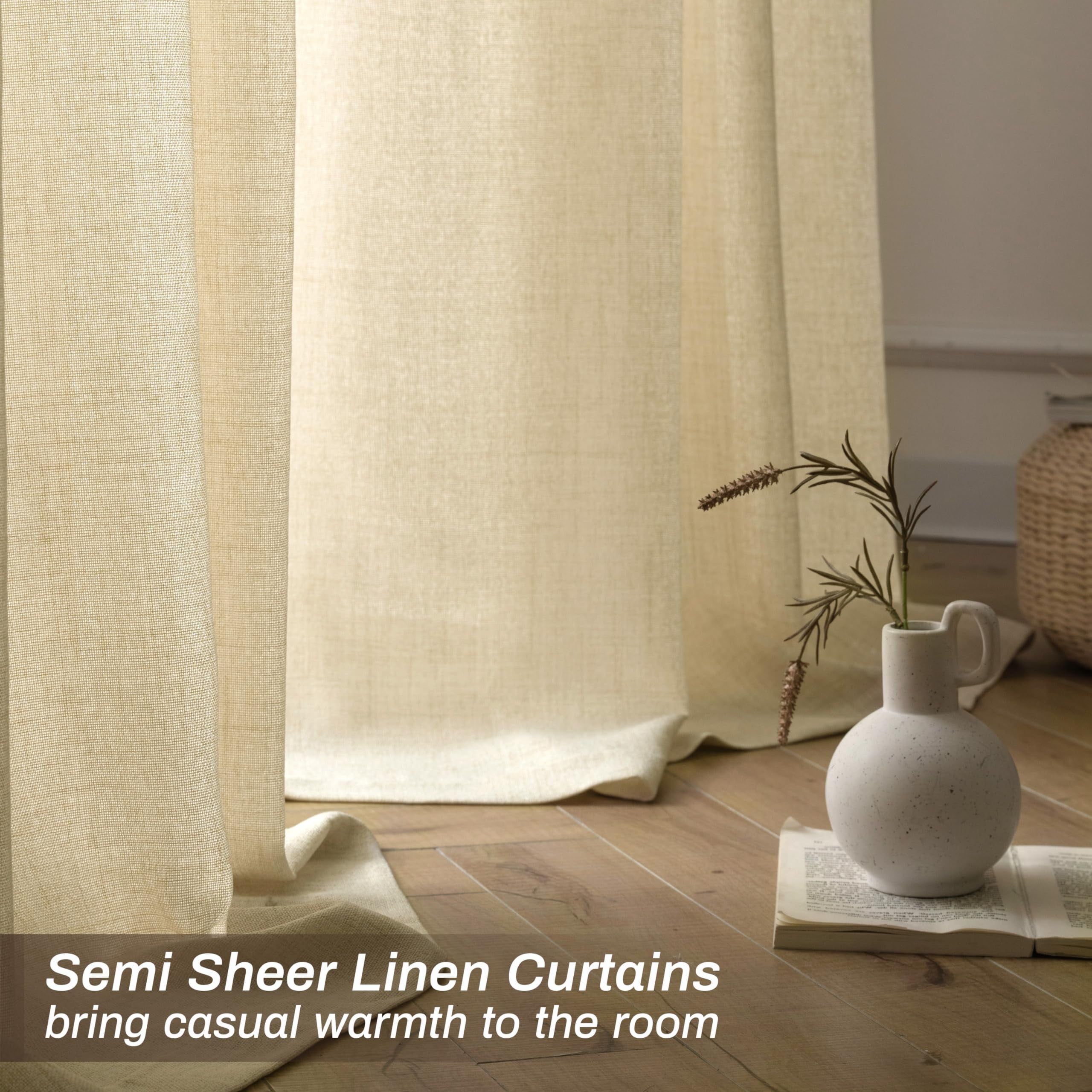 DriftAway Beige Linen Curtains 63 Inches Long for Living Room Thick Semi Sheer 2 Panels Farmhouse 3 Inch Rod Pocket Back Tab Boho Rustic Light Filtering Window Drapes for Bedroom Privacy Assured