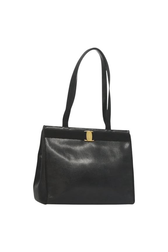 Pre-Owned Salvatore Ferragamo Vintage Vara Bow Tote Lizard Embossed Leather Black Leather Tote Bag Bag