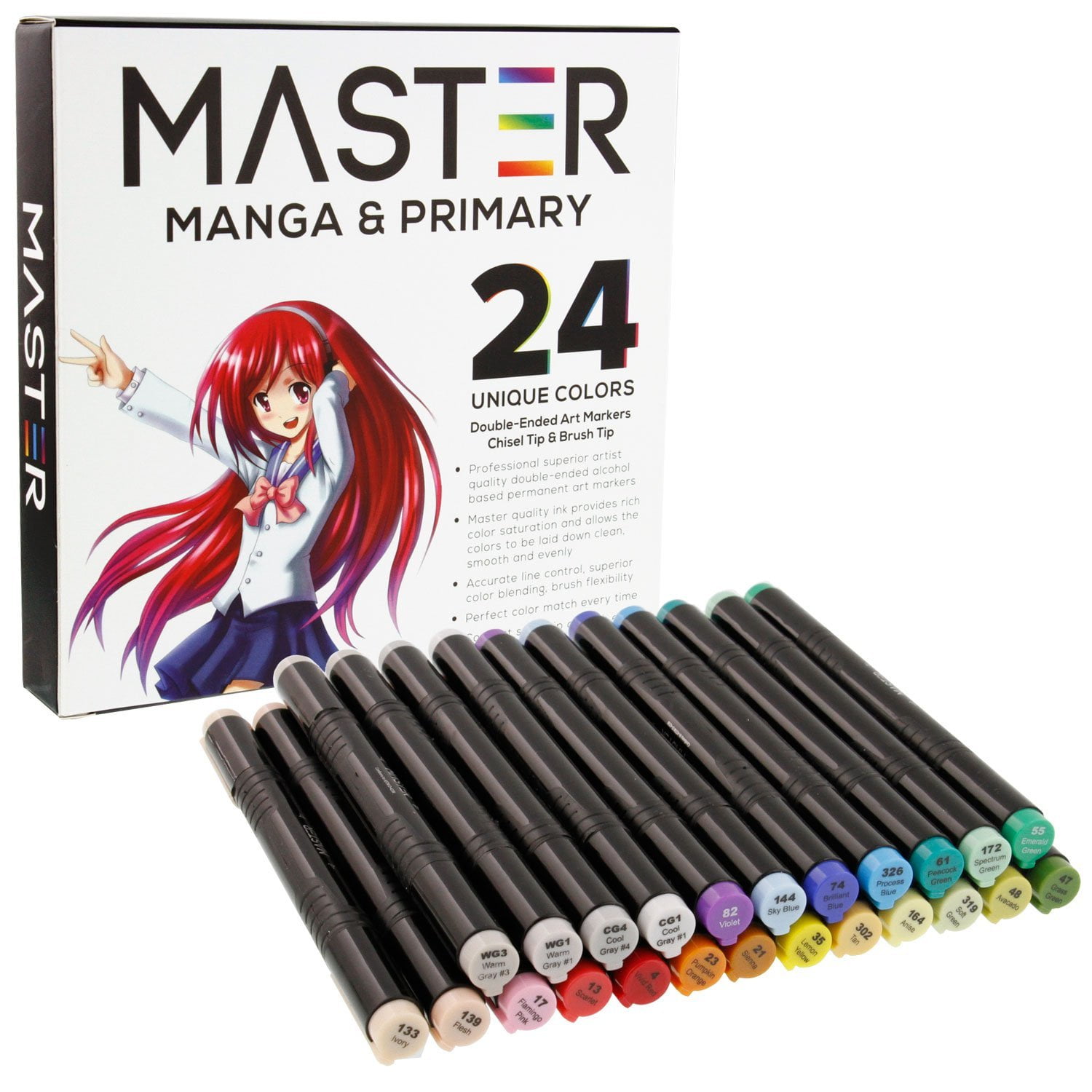 24 Color Markers Manga & Primary Tones Dual Tip Set Double-Ended Art Chisel Point and Standard Brush - Walmart.com