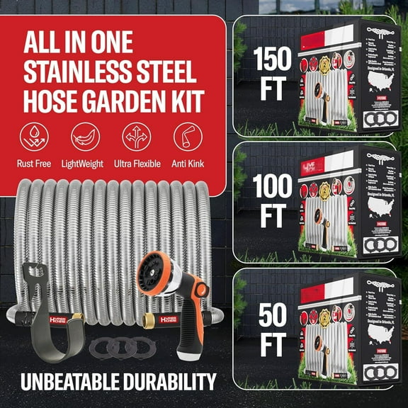 Best 50 ft Metal Garden Hose Set - No-Kink Durable 316 Stainless Steel, 10-Way Zync Spray Nozzle & Hook – Tough Flexible Heavy Duty Water Hoses, Naval Brass, Rust, Weather, LeakProof