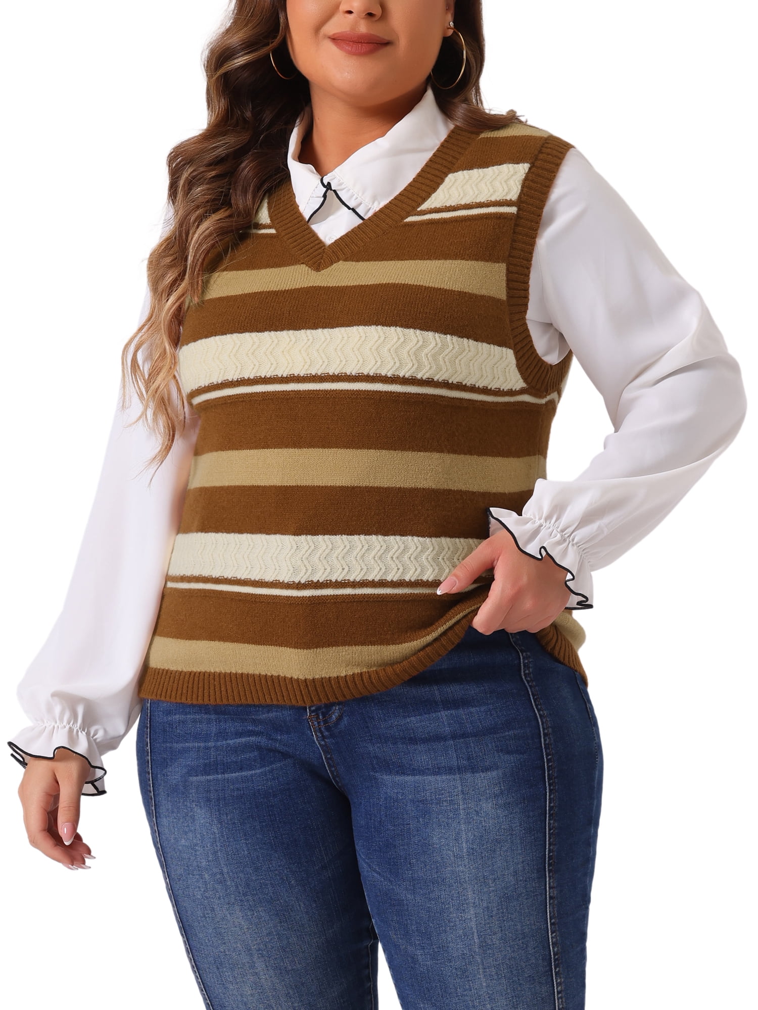 DARING DIVA Women's Plus Size V Neck Striped Knit Sweater Vests 4X Brown