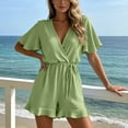 thumbnail image 4 of Daiosportswear Women's Black Surplice V Neck Flutter Short Sleeve Self Tie Waist Ruffle Hem Casual Romper Green L(L), 4 of 7