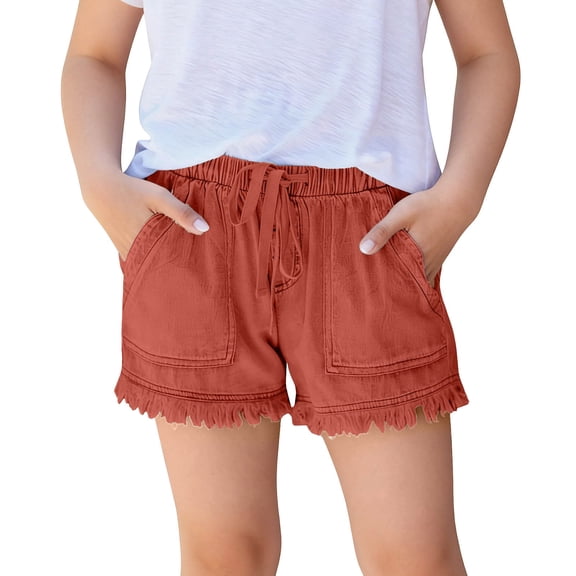 Babcutegg Girls Denim Shorts – Solid Color Casual Summer Jeans with Adjustable Drawstring Waist, Functional Pockets, and Comfortable Relaxed Fit Red Size 140
