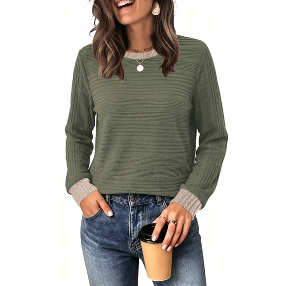 WIHOLL Long Sleeve Shirts for Women Fall Sweaters Fashion Color Block Crew Neck Pullover Tops 2026 Winter Lightweight Women's Sweaters