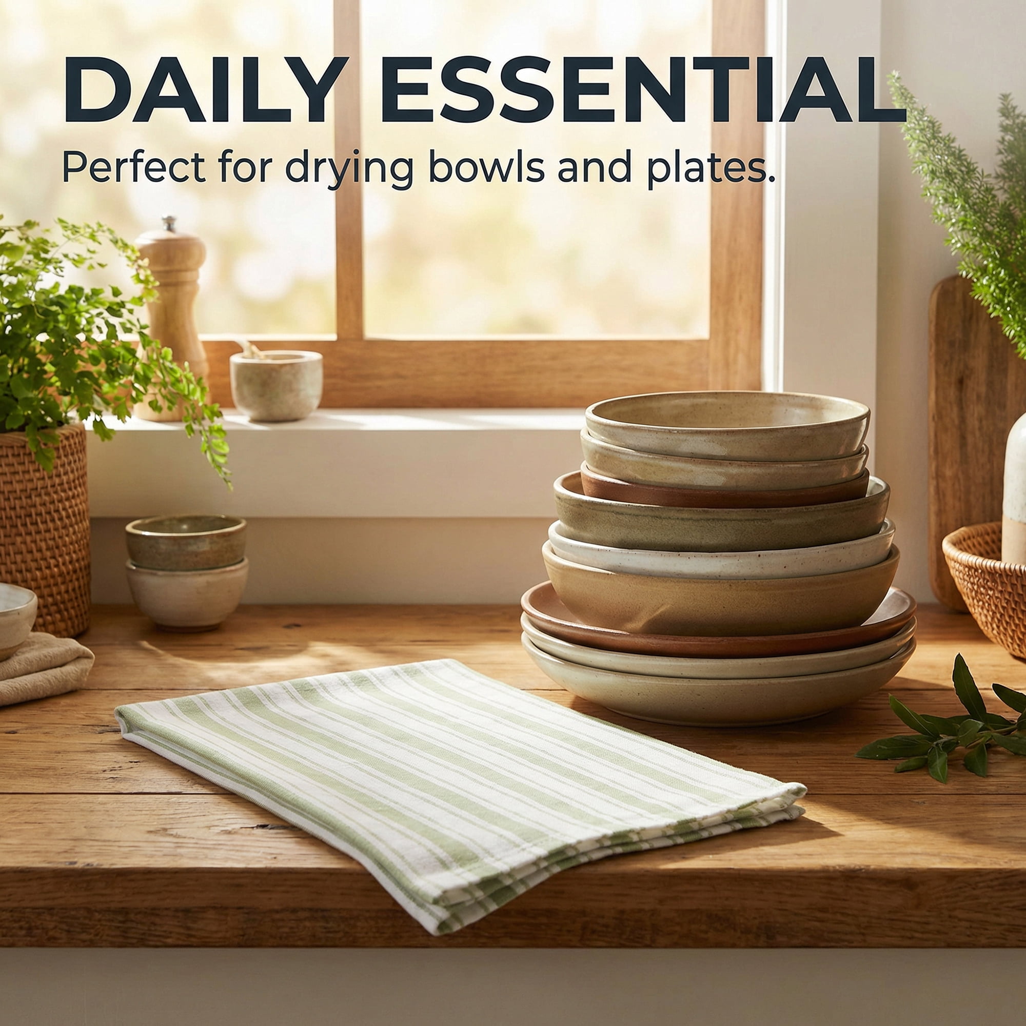 Unique Bargains Striped Cotton Kitchen Towels Khaki 4 Pack Green/Black 26" x 18"