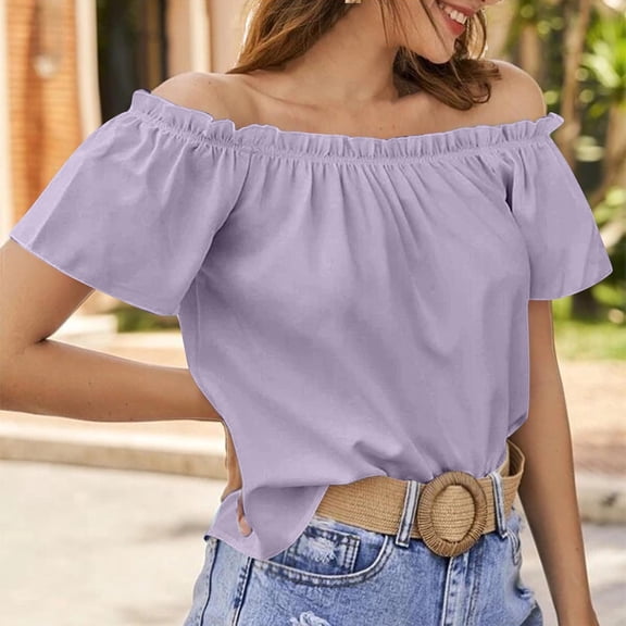 Timegard Off the Shoulder Tops for Women Ruffle Short Sleeve Lightweight Blouse Summer Travel Casual Tops