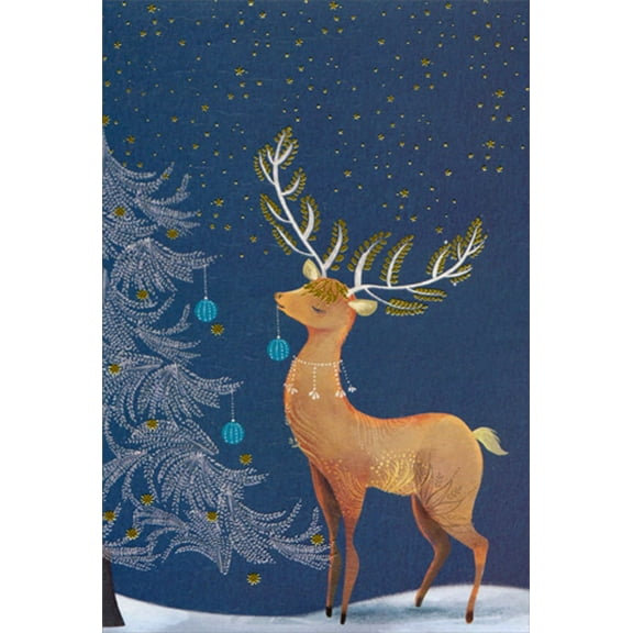 Pictura Deer Placing Blue Ornament on Tree Christmas Card