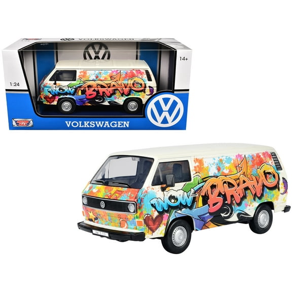 Volkswagen Type 2 (T3) Van White Metallic with Graffiti Graphics 1/24 Diecast Model Car by Motormax