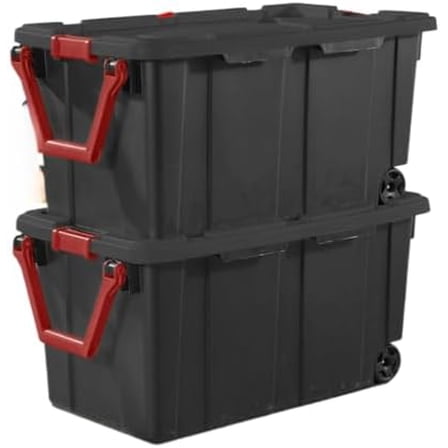Modern Plastic & Metal 40 Gallon Lidded Home Storage Bins, Stackable Industrial Storage Containers Tote, Organizing Tote Tub Box with Wheeled, Moving Boxes, Set of 2, Black