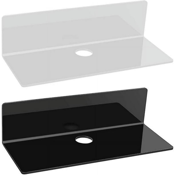 Estantes flotantes de 2 piezas, estante de pared de acrílico, estante flotante de pared con gancho para cable y orificio para cable para despertadores, plantas, parlantes (blanco y negro)