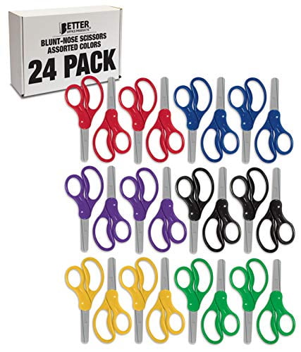 24 Piece Blunt Tip Kids Scissors, by Better Office Products, 6 Assorted Colors, 5' Length, Classic School Scissors, Children Scissors, Assorted 24 Count