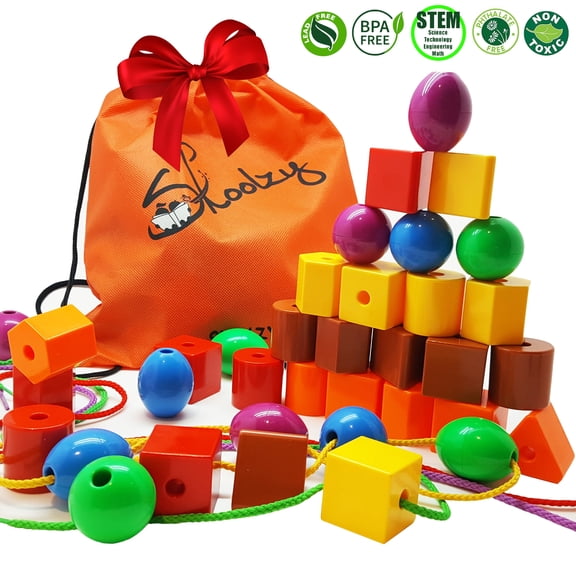 Skoolzy Jumbo Primary Lacing Beads Developmental Toddler Toy Math Counting 36 Piece Set with Storage Bag