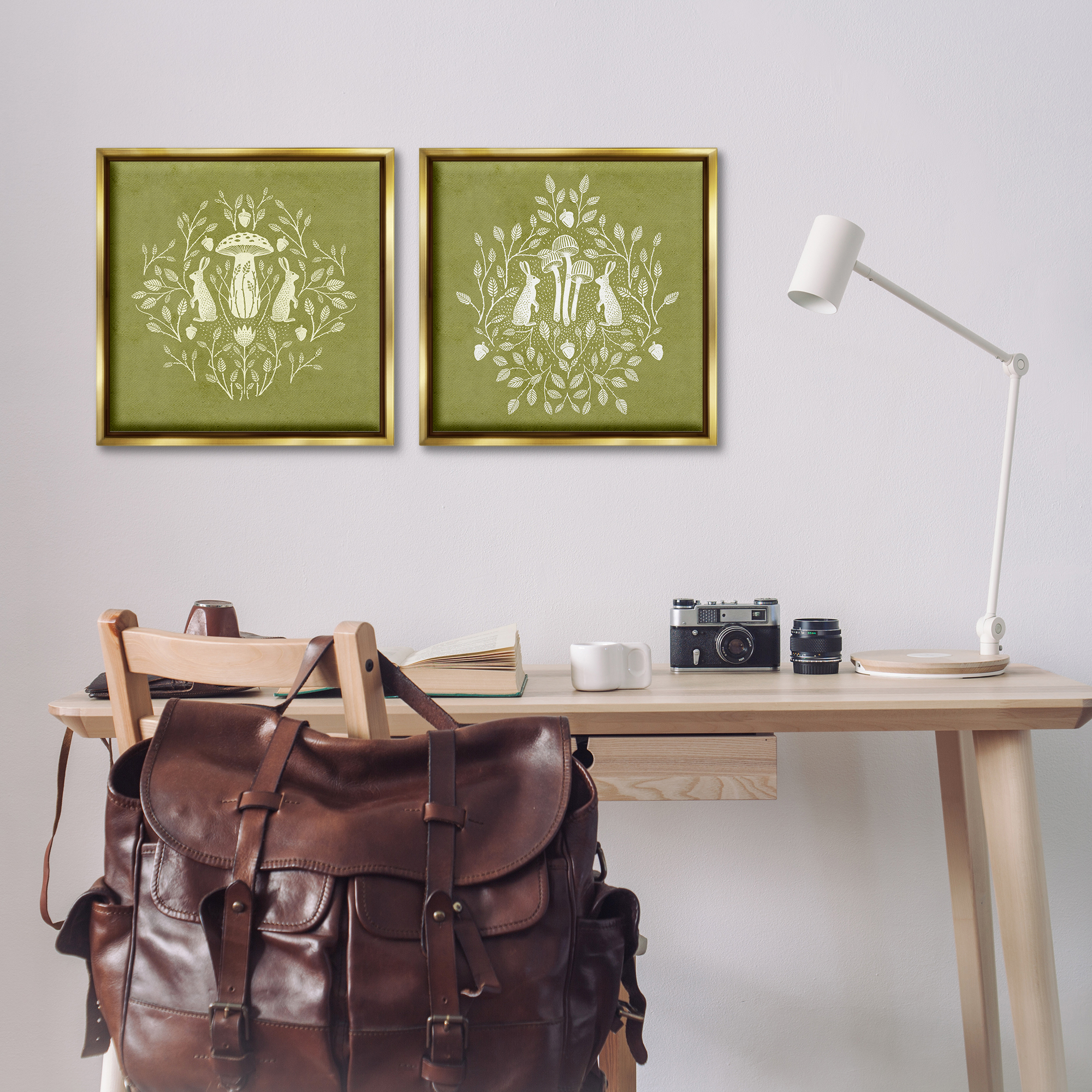 Stupell Industries Boho Bunnies & Mushrooms Animals Painting Gold Floater Framed Canvas Art Print Wall Art, 18 x 18, Set of 2