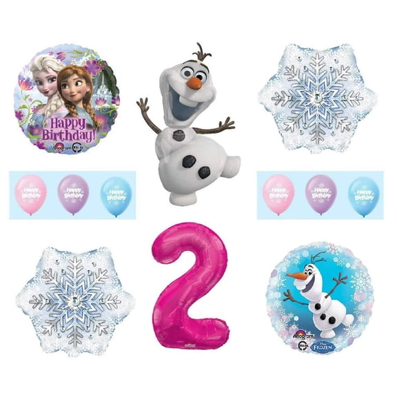 Frozen 2nd Birthday Anna ELSA Olaf Snowman Snowflake 12 Piece Birthday Party Balloons Bouquet Set Pink