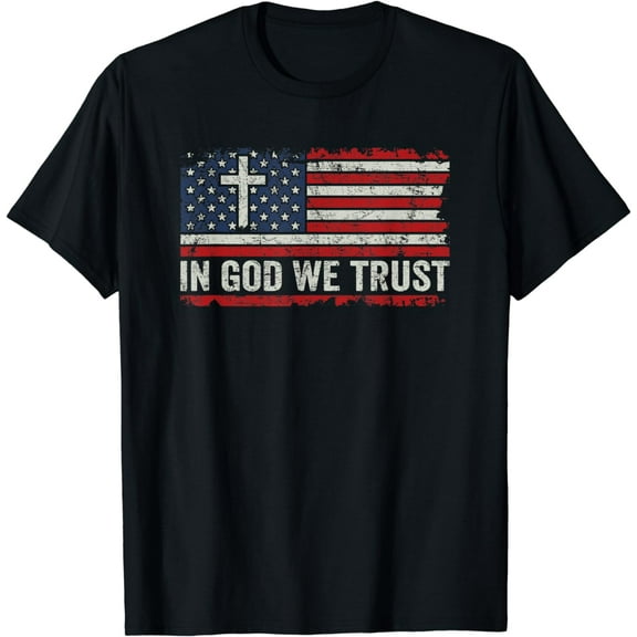 In God We Trust - Vintage USA Flag Cross Patriotic Christian Cotton T-Shirt