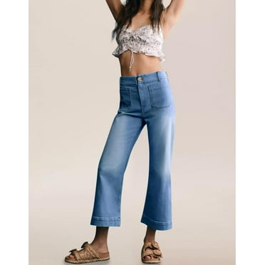 Women's loose wide leg jeans, fashionable high waisted flared pants, casual boyfriend cotton denim pants, with patch pockets at the front