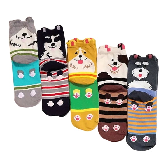 Yuanlong Womens Ankle Socks 5-Piece Cute Puppy Cartoon Print Short Socks Novelty Cute Soft Stretchy Spring Casual Socks