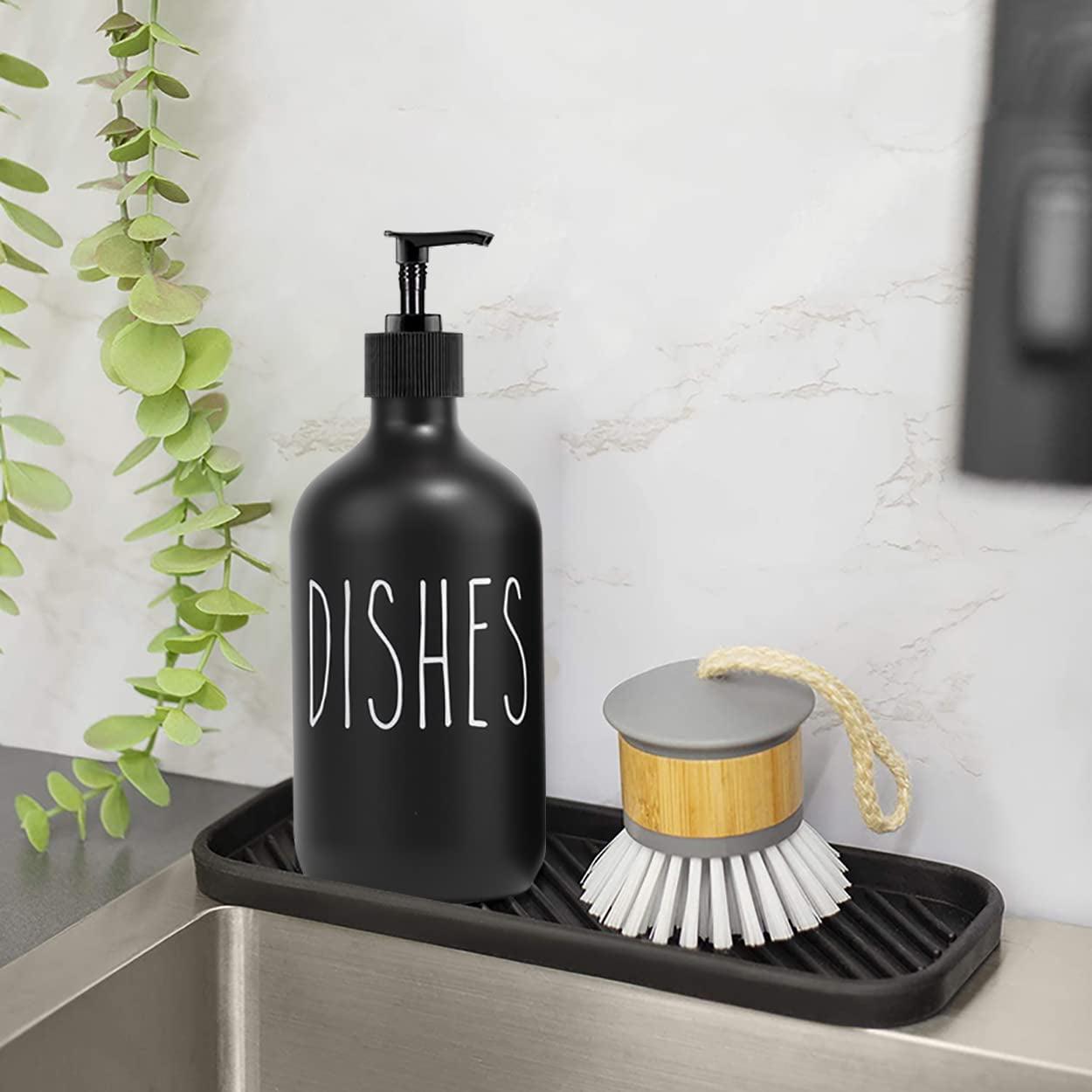 GIRLUFO Black Kitchen Soap Dispenser Set,4Pcs Dish Soap Dispenser Kitchen  with Bamboo Tray and Natural Dish Brush,Modern Ceramic Hand and Dish Soap