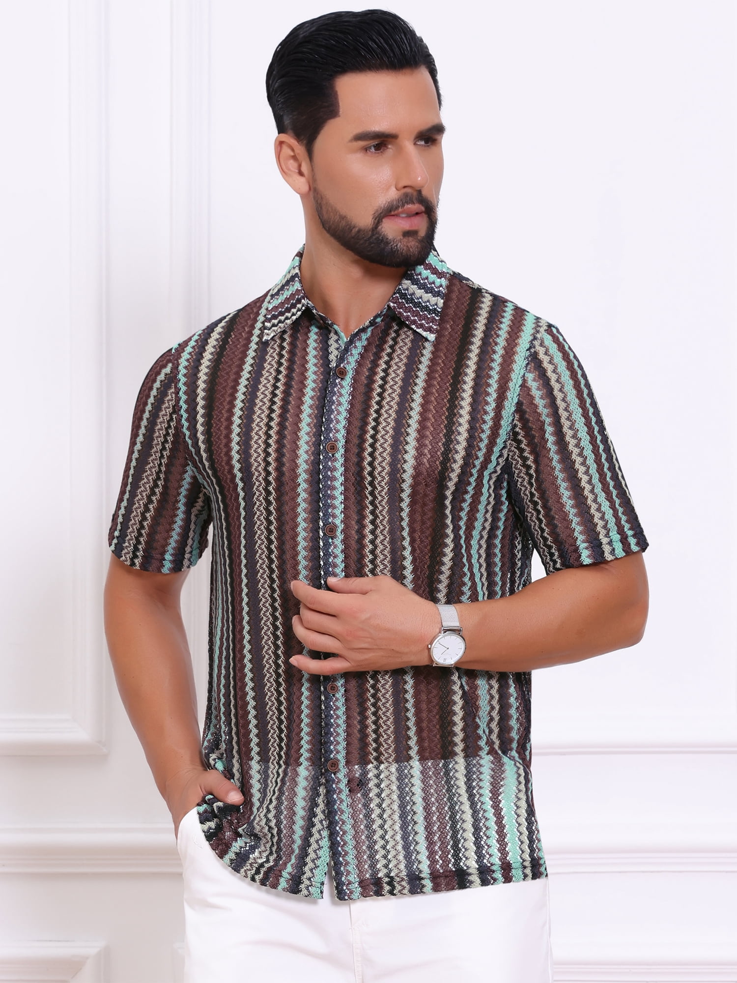 DARING DIVA Men's Striped Short Sleeve Button Down See Through Shirts 2XL Gray Brown