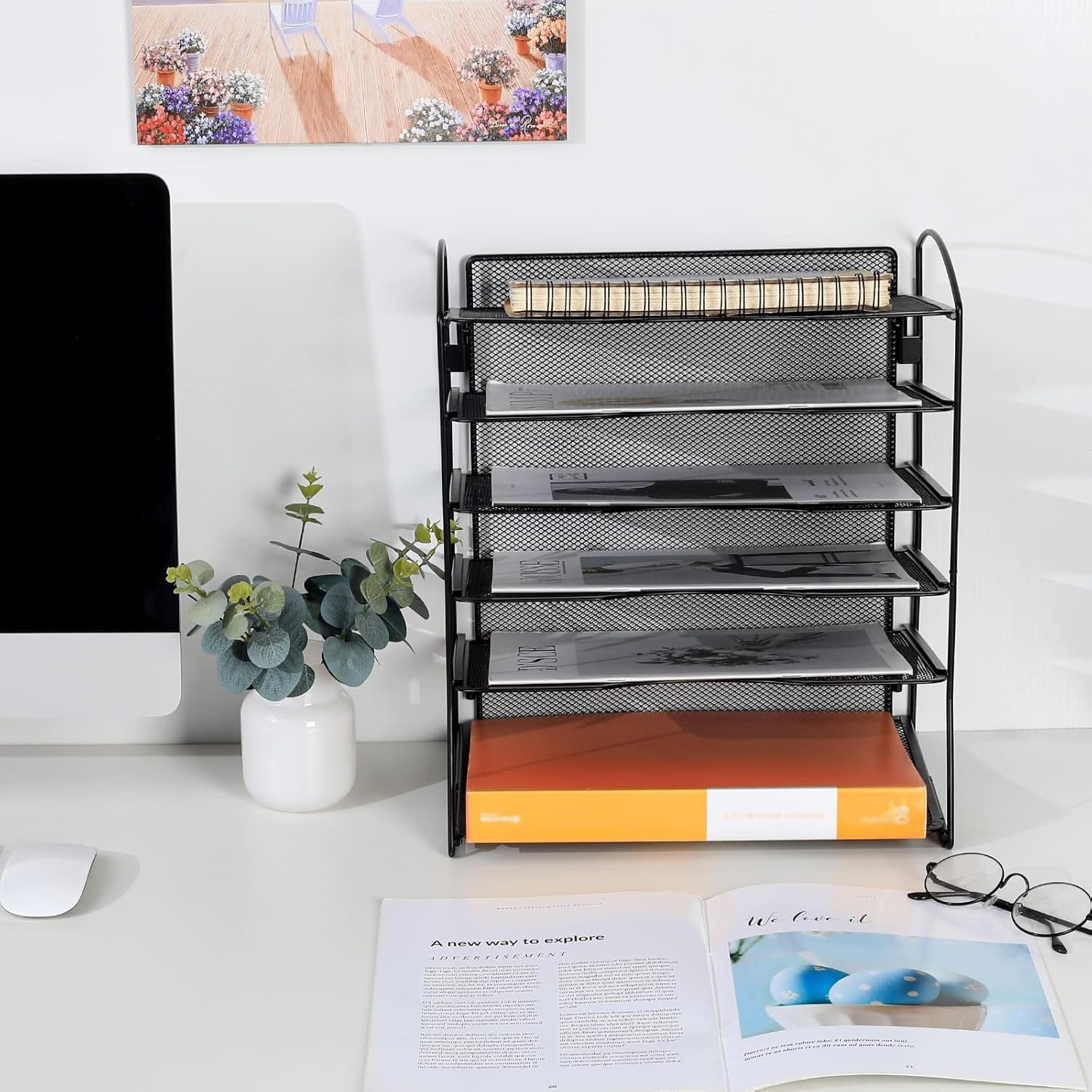 EasyPAG 6-Tier Mesh Desk File Organizer - Screwless Assembly Desktop File Folder Holder, Black Paper Sorter for Office Home School Document Organization