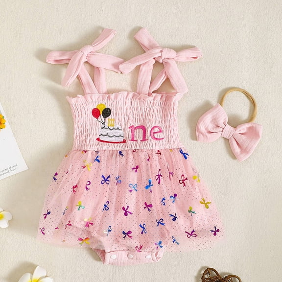Girls Clothes Smocked Embroidered Mesh Suspender Dress with Bow Headband Set Girls Outfits Pink 0-3 Months