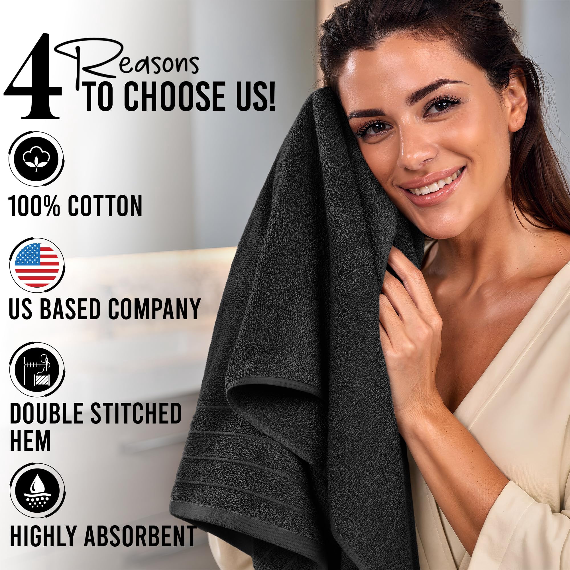 RIVERSIDE Bath Towel 4 Pack 30x60 Soft Cotton Quick Drying Large Towels for Bathroom - Black