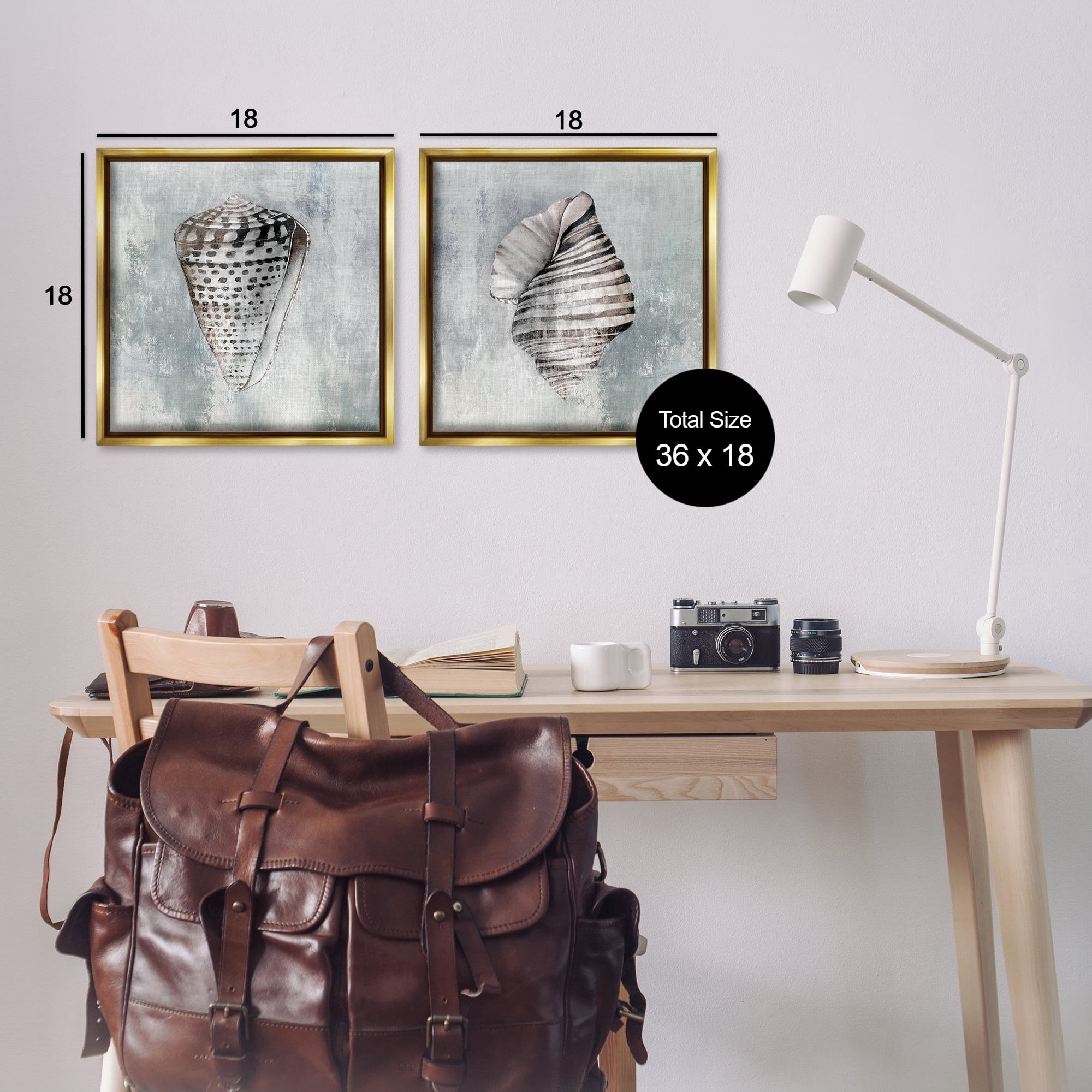 Stupell Industries Grey Distressed Cowrie Shells Nautical & Beach Painting Gold Floater Framed Canvas Art Print Wall Art, 18 x 18, Set of 2