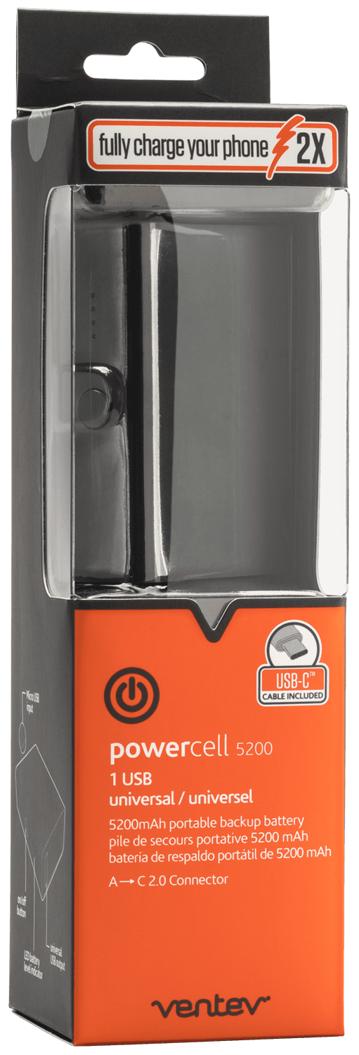 Ventev Powercell Power Bank 5200 mAh with USB-C Cable Grey Batteries and Portable Power Batteries and Portable Power compatible with USB-C5200mAh lithium-polymer battery