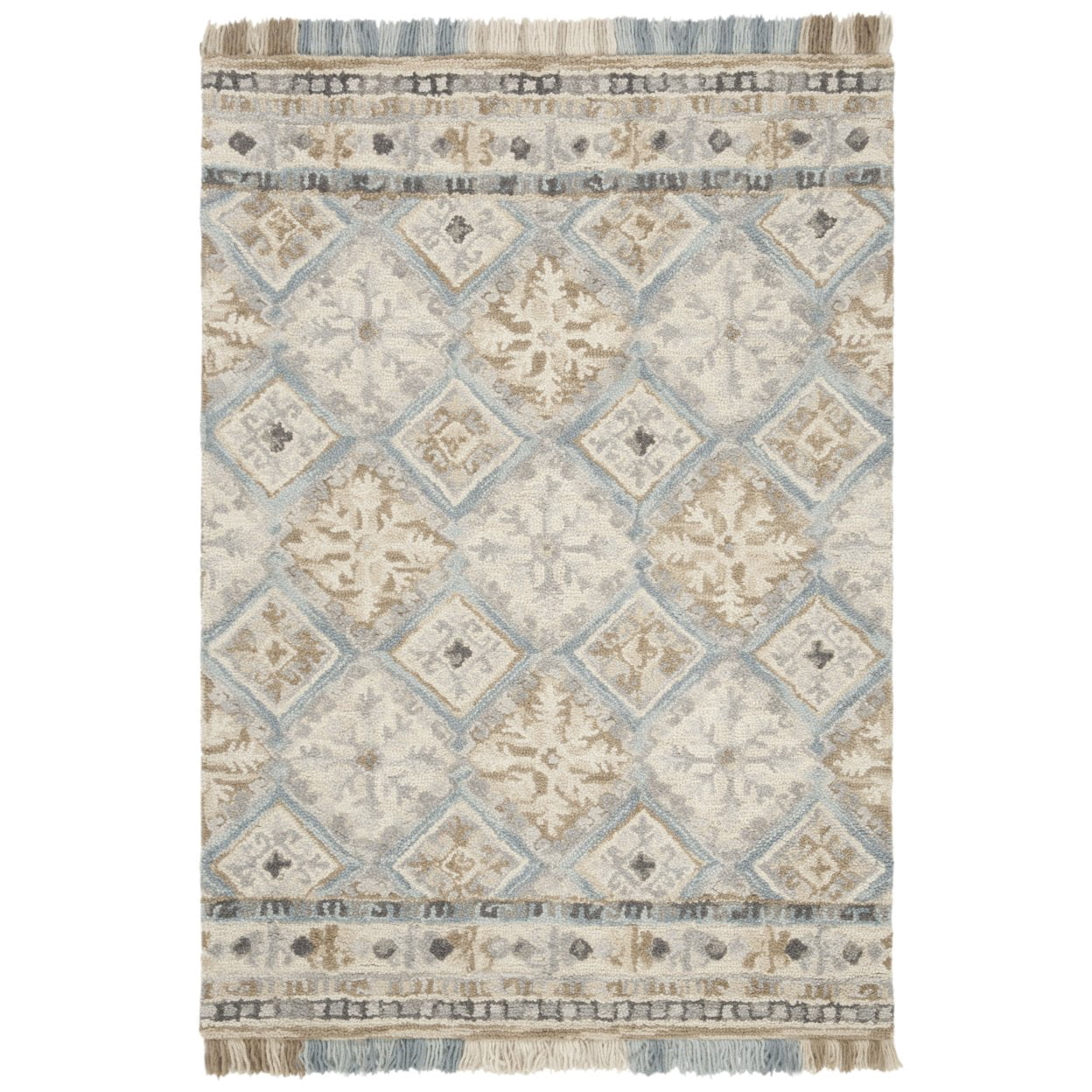 SAFAVIEH Blossom Keighley Geometric Fringe Wool Area Rug, Beige/Light Blue, 6' x 6' Round